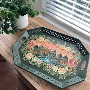 Vintage Hand-Painted Folk Art Tole Tray – Floral & Village Scene