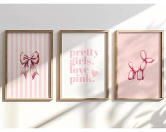 Trendy Pink coquette wall art, Girly Bows, set of 4, Aesthetic room decor, Watercolor Poster wall art, Digital Download, Printable