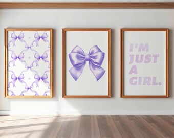 Purple Watercolor Bows Print Set, Coquette Room Decor (Digital Download)