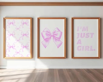 Pink Bows Watercolor Print Set, Coquette Decor (Digital Download)