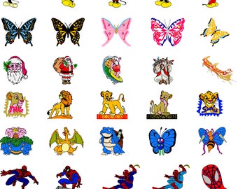 Puede incluir: Una colección de diseños de bordado coloridos con personajes de Disney, Pokémon y otras franquicias populares. Los diseños incluyen Mickey Mouse, Santa Claus, Simba, mariposas y Winnie the Pooh.