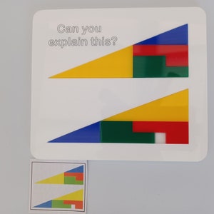 Puede incluir: Dos imágenes de un rompecabezas con un triángulo amarillo, rojo, azul y verde. El texto "¿Puedes explicar esto?" está escrito sobre la imagen superior.