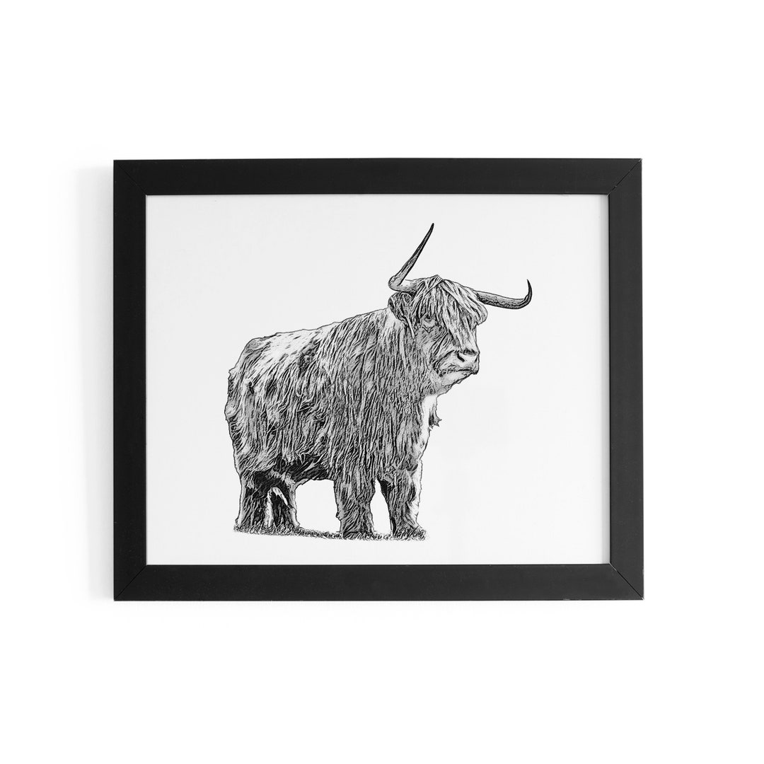 Black and White Highland Cow Sketch Printable Wall Art Etsy