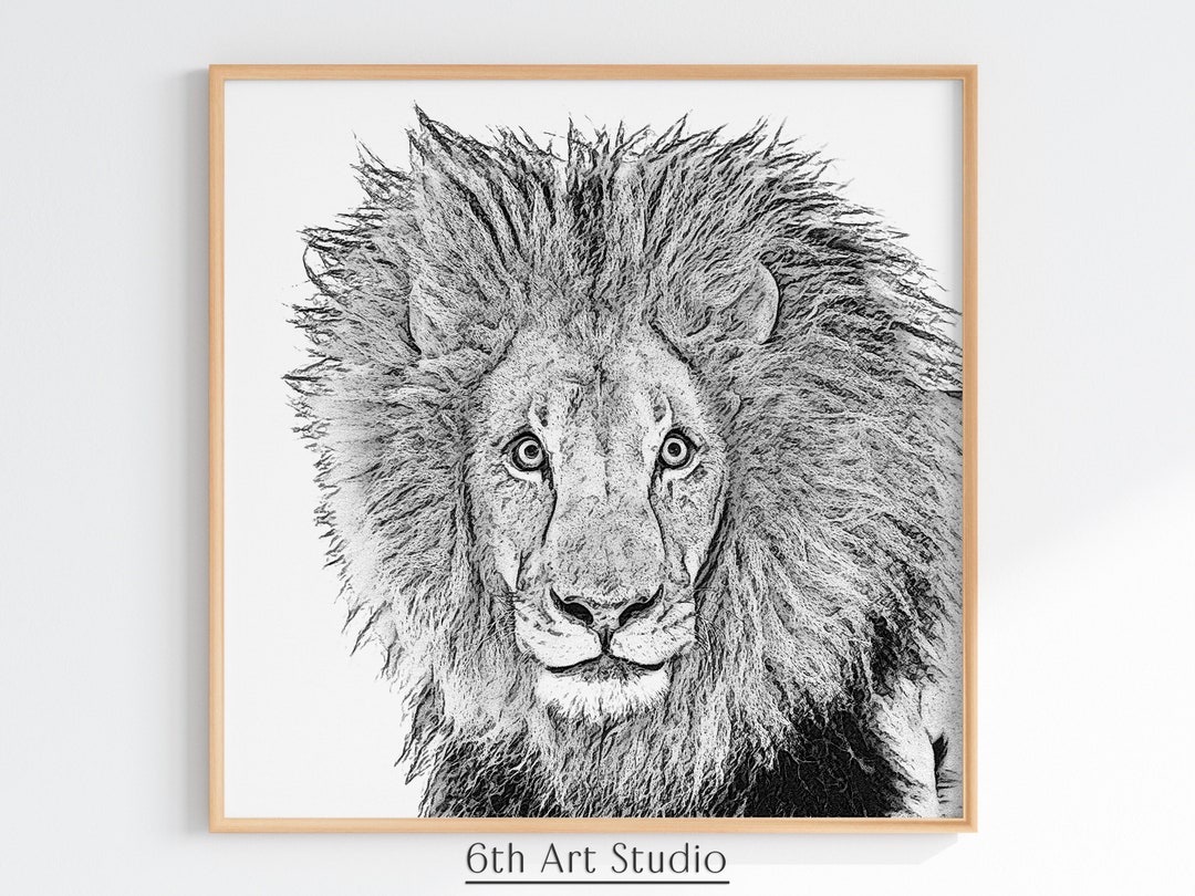 Funny Lion Face Printable Black and White Sketch Art for Etsy