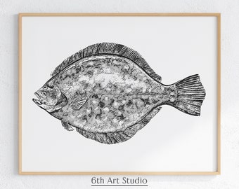 Black and White Flounder Nursery Print | House Warming Gift | Flounder Gifts | Flounder Art Print | Flounder Digital Print | Realistic Art