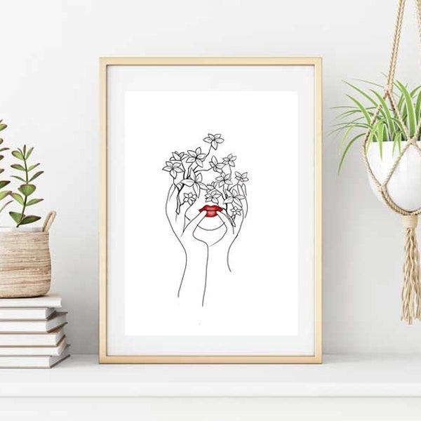 Visage femme dessin art minimaliste floral