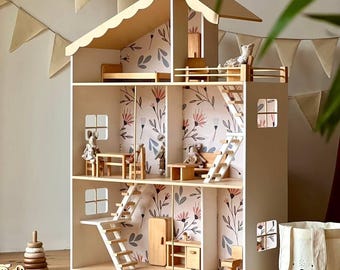 May include: A wooden doll's house with a scalloped roof, floral wallpaper, and miniature furniture. The dollhouse has multiple rooms, stairs, and windows, with small toy figures inside. A white canvas bag with a bunny face is on the right.