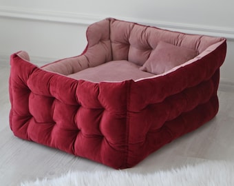Orthopedic red dog beds for medium dogs embroidered with your pet's name