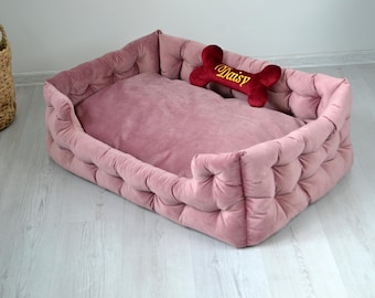 Personalized washable light pink dog bed