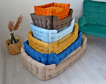 Embroidered Pet Bed, Anti-Claw Velour, Washable Dog Cat Cot