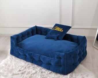 Handmade Blue Velour Dog Bed: Luxury Pet Bed, Anti-Claw Fabric