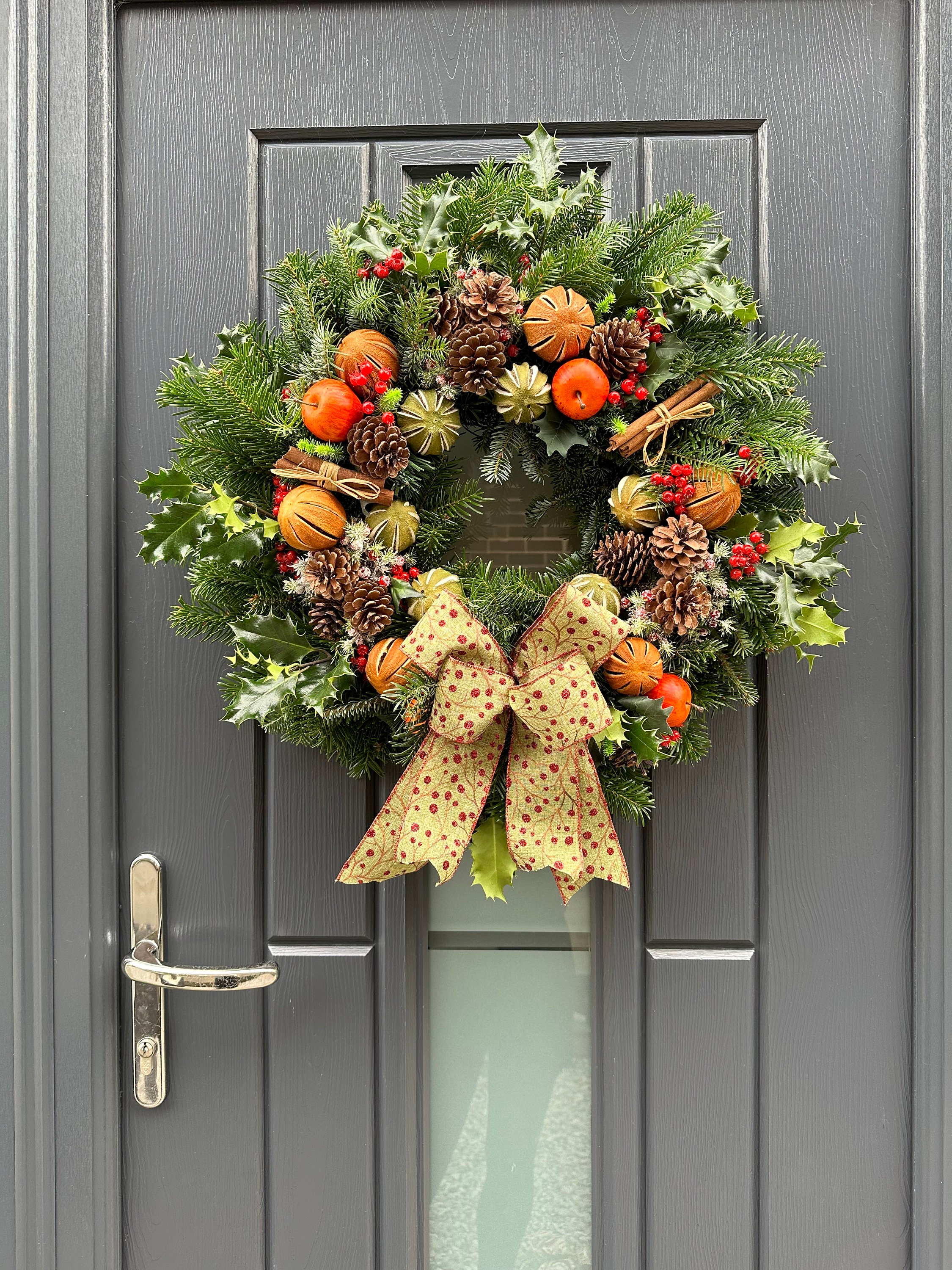 Real Handmade Christmas Door Wreath, With Dried Green and Orange