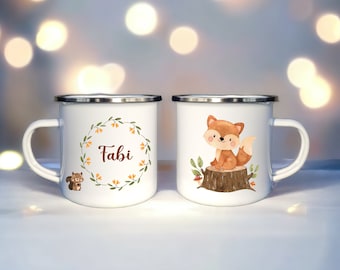 Personalisierte Tasse Fuchs, Emaille Becher Fuchs mit Name, Weihnachtsgeschenk für Kinder, Geburtstagsgeschenk für Kinder, Geschenkset