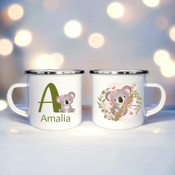 Kindertasse mit Koala Motiv und Namen | Emailletasse mit Koala Motiv | Namenstasse mit Koala | Kindergarten Becher mit Namen und Koala Bär