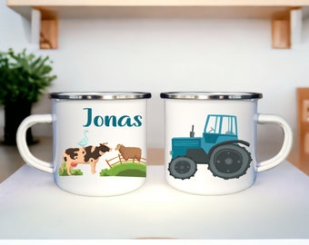 Personalisierte Tasse mit Name und Traktor Motiv, Traktor Tasse mit Name, Emaille Tasse Traktor mit Name, Weihnachtsgeschenk für Kinder