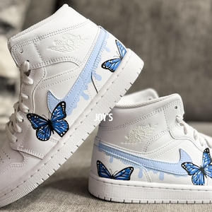 Custom Butterflies Air Jordan Sneakers with Blue Drip Butterflies - Mid Tops
