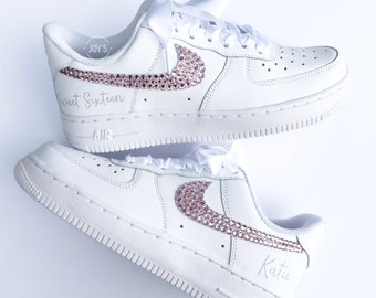 Sweet 16 Sneakers for the Quinceanera, Personalized Wedding Gift for the Bride, Rose Gold Custom AF1 with Rhinestones Sneakers