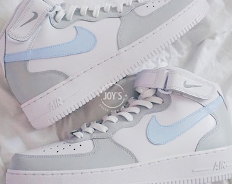 Custom Air Force 1 Sneakers Blue and Grey. Low & Mid Tops
