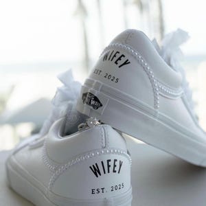 Custom Wedding Vans: Bridal Sneakers with Pearls. Wifey & Hubby Shoes