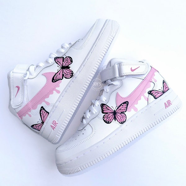 Custom Air Force 1 Butterflies Sneakers Dripping Pink. Low, Mid & High Tops