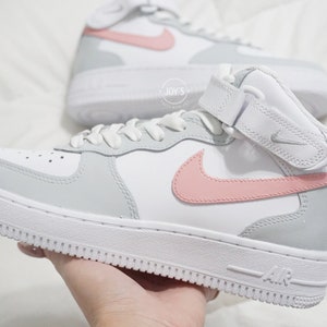 Custom Air Force 1 Gray Sneakers. Pink Swoosh. Low, Mid, High Tops