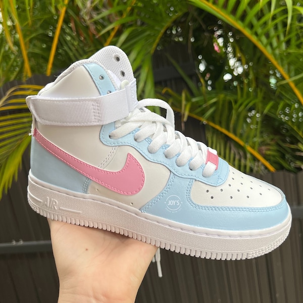 Custom Air Force 1 Baby Blue and Pink Sneakers. Low, Mid, High Tops