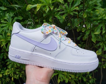 Custom Air Force 1 Sneakers – Periwinkle & Lavender Pastel with Floral Laces