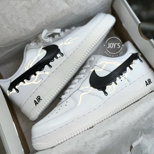 Custom Air Force 1 Sneakers Reflective Lightning Bolt. Black Dripping. Low Tops