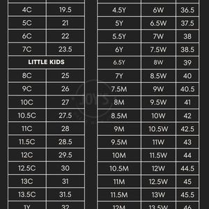 Puede incluir: Una tabla de tallas de zapatos, que muestra las tallas US y EU para beb&eacute;, ni&ntilde;o peque&ntilde;o, joven y mujer. La tabla incluye tallas de zapatos para ni&ntilde;os de 2C a 3Y y tallas de zapatos para mujeres de 5W a 16.5W.