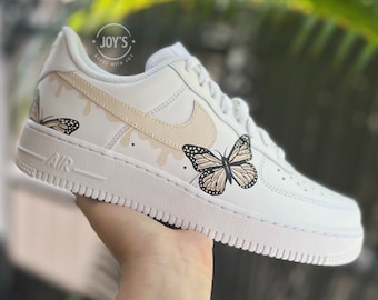 Custom Air Force 1 Butterflies Sneakers Beige Dripping, Unique Gift for Her