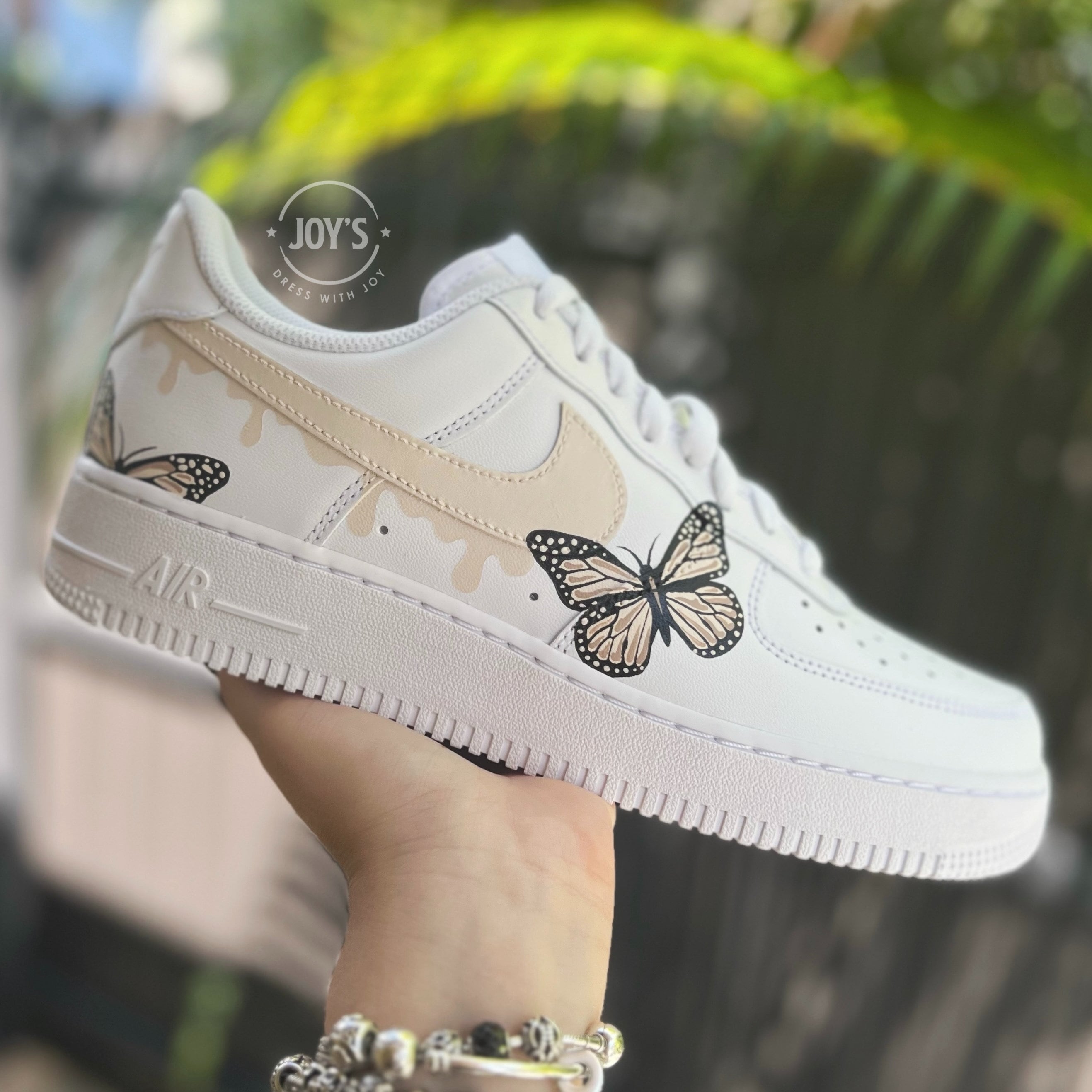 Dripping Beige Custom Air Force 1 Sneakers With Butterflies. 