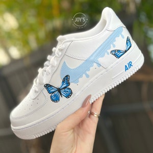 Custom Air Force 1 Sneakers Dripping Blue Butterflies- Custom AF1 - Low & Mid Tops