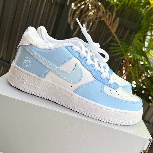 Custom Air Force 1 Baby Blue Sneakers. Color Block. Low, Mid & High Tops