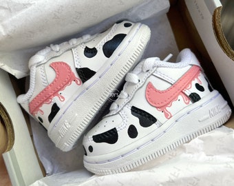 Custom Air Force 1 Pink Dripping Cow Print Sneakers. Baby, Toddler, Little Kids.