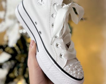 Wedding Platform Shoes: Custom Bridal Converse, Bling Sneakers with Pearl Rhinestone
