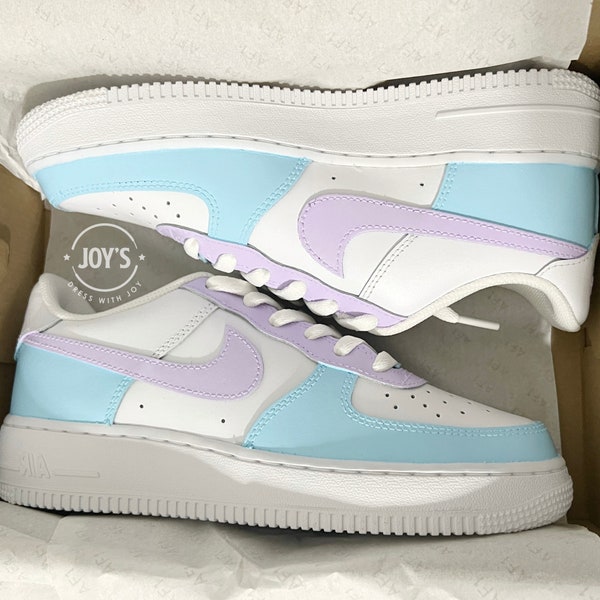 Custom Air Force 1 Baby Blue and Lilac Sneakers. Low, Mid, High Tops