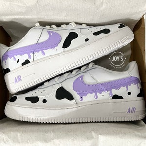 Custom Air Force 1 Purple Drip Cow Print Sneakers. Low, Mid & High Tops