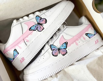 Zapatillas Air Force 1 personalizadas con mariposas, goteo azul y rosa, regalo único para ella