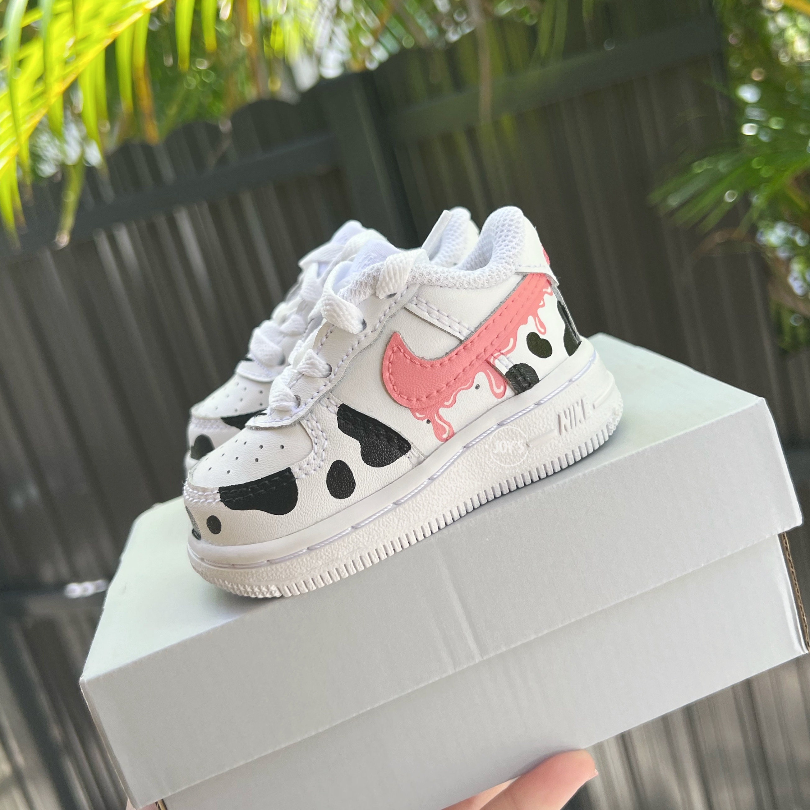 Pink Dripping with Cow Print Custom Air Force 1 Low/Mid/High Sneakers. Girls and Women Low / 9 M / 10.5 W