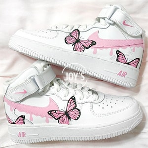 Custom Air Force 1 Butterflies Sneakers Dripping Pink. Low & Mid Tops