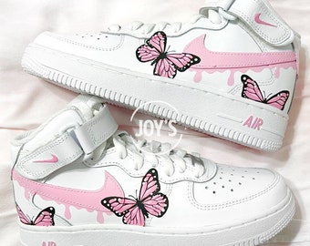 Custom Air Force 1 Butterflies Sneakers Dripping Pink. Low & Mid Tops