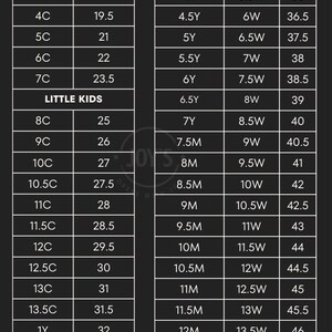 May include: A size guide chart for shoes, showing US and EU sizes for baby/toddler, little kids, youth/men, and women. The chart includes sizes from 2C to 3Y for baby/toddler, 8C to 3Y for little kids, 3.5Y to 15M for youth/men, and 5W to 16.5W for women.