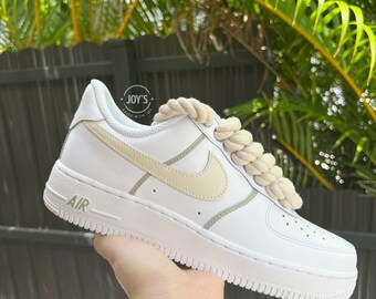 Custom Air Force 1 Rope Laces Sneakers. Beige Color. Low Tops