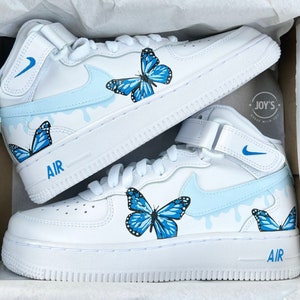 Custom Air Force 1 Butterflies Sneakers Blue Dripping, Unique Gift for Her