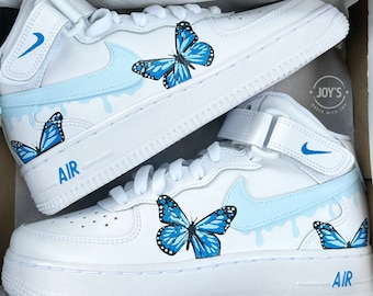 Custom Air Force 1 Butterflies Sneakers Blue Dripping, Unique Gift for Her