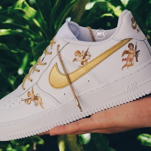 Custom Air Force 1 Sneakers Golden Chain Laces Cherub Angels. Low Tops