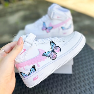 Custom Air Force 1 Butterflies Sneakers Blue and Pink Dripping, Unique Gift for Baby, Toddler, Little Kids.