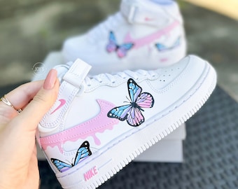 Custom Air Force 1 Butterflies Sneakers Blue and Pink Dripping, Unique Gift for Baby, Toddler, Little Kids.