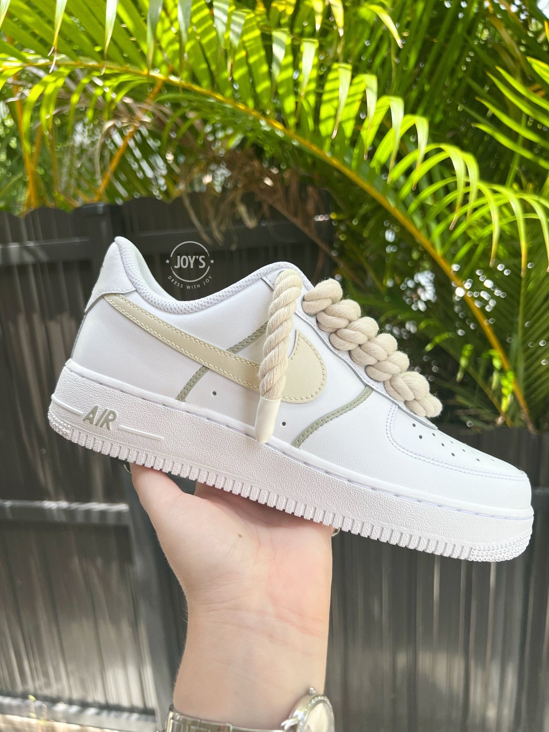 Cream Rope Laces Custom Air Force 1 Sneakers. Low Top 