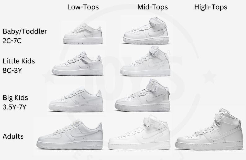 Puede incluir: Zapatillas de cuero blanco en estilos bajos, medios y altos para beb&eacute;s, ni&ntilde;os peque&ntilde;os, ni&ntilde;os peque&ntilde;os, ni&ntilde;os grandes y adultos. La imagen muestra los diferentes tama&ntilde;os y estilos de las zapatillas.